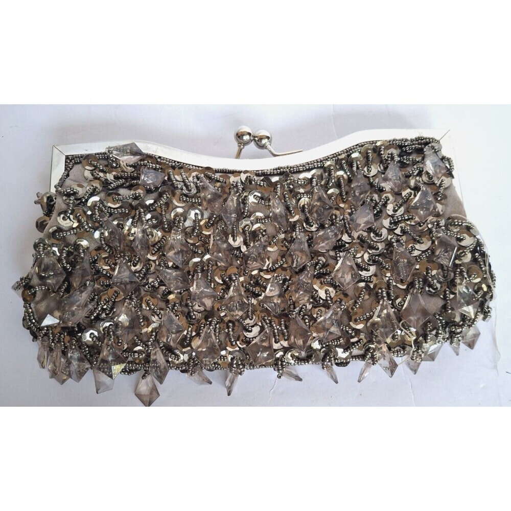 Vintage Mini Silver Beaded Evening Handbag Purse Special Occasion Prom Wedding